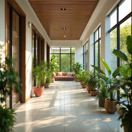 pasillo luminoso con plantas en una residencia