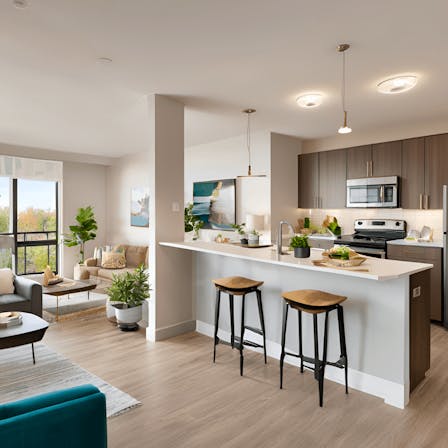 salón con cocina de un apartamento de mayores